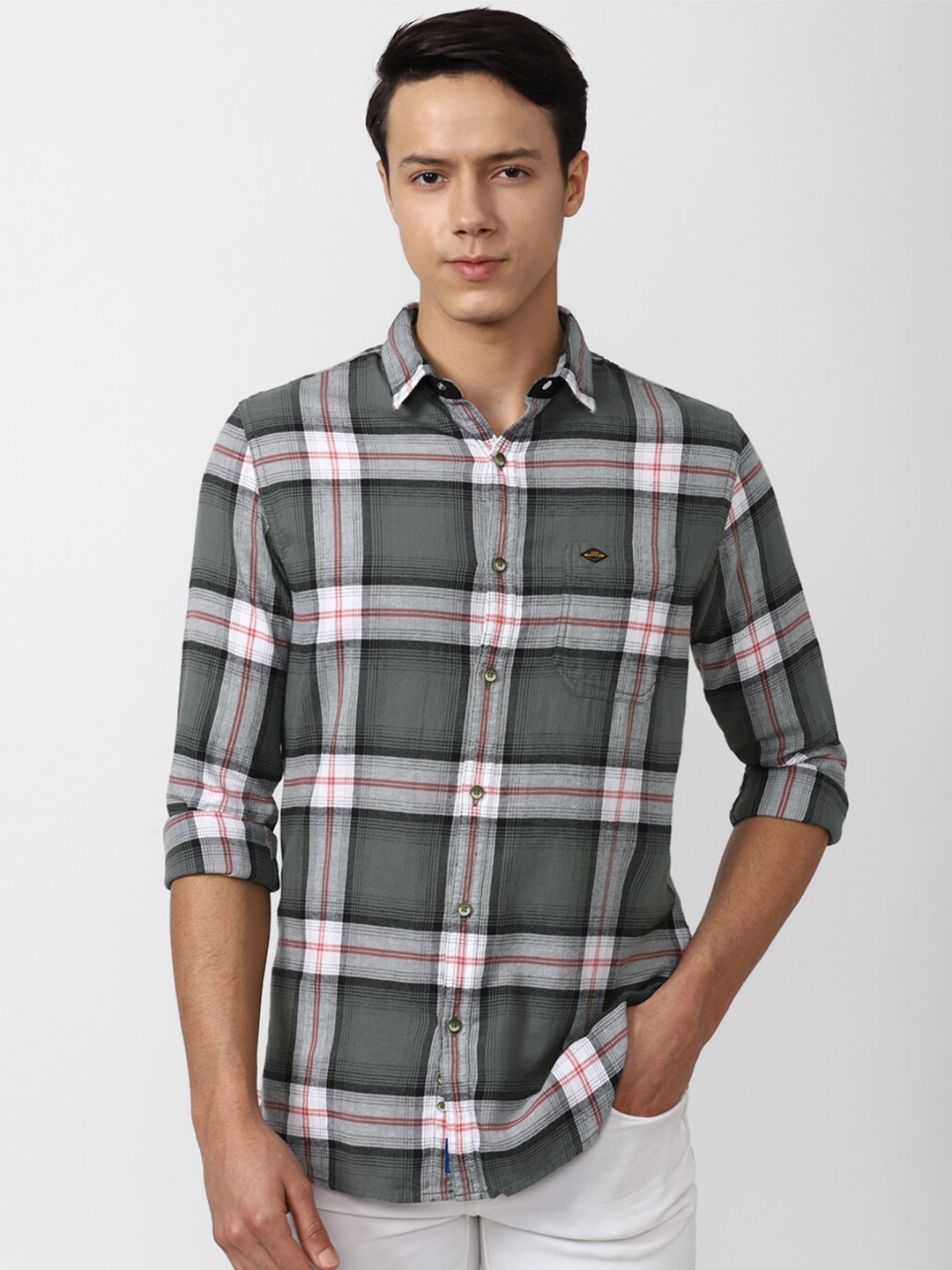 

VAN HEUSEN DENIM LABS Men Grey Slim Fit Tartan Checks Checked Cotton Casual Shirt