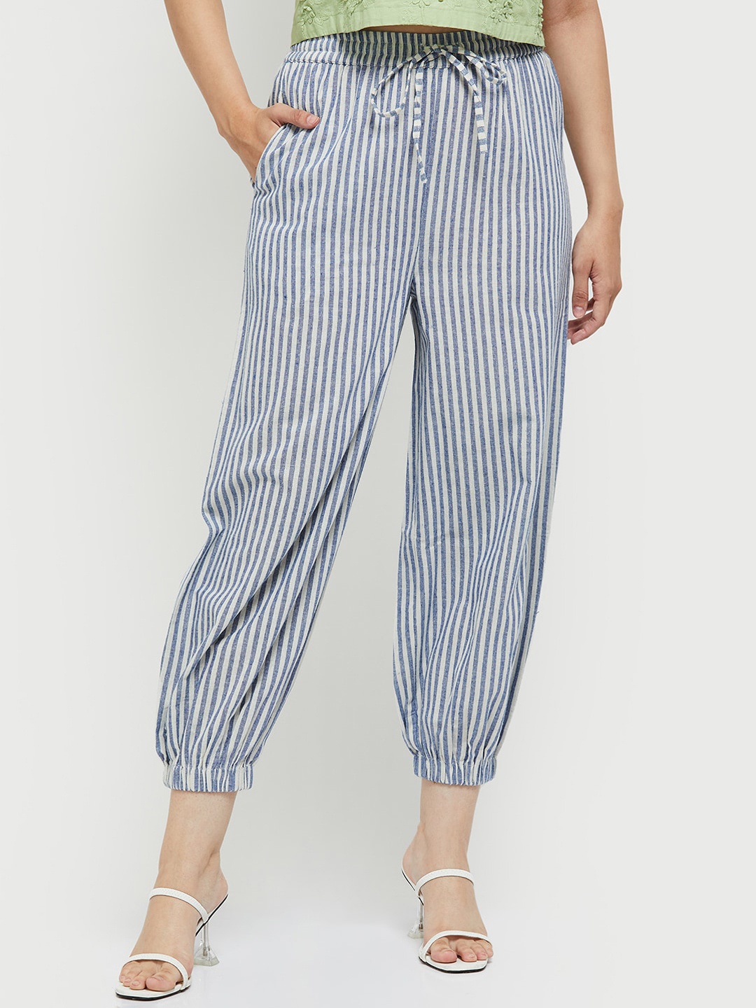 

max Women Off White & Blue Striped Cotton Trousers