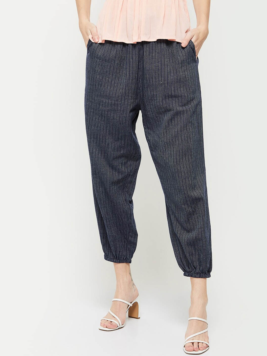 

max Women Blue Striped Cotton Trousers