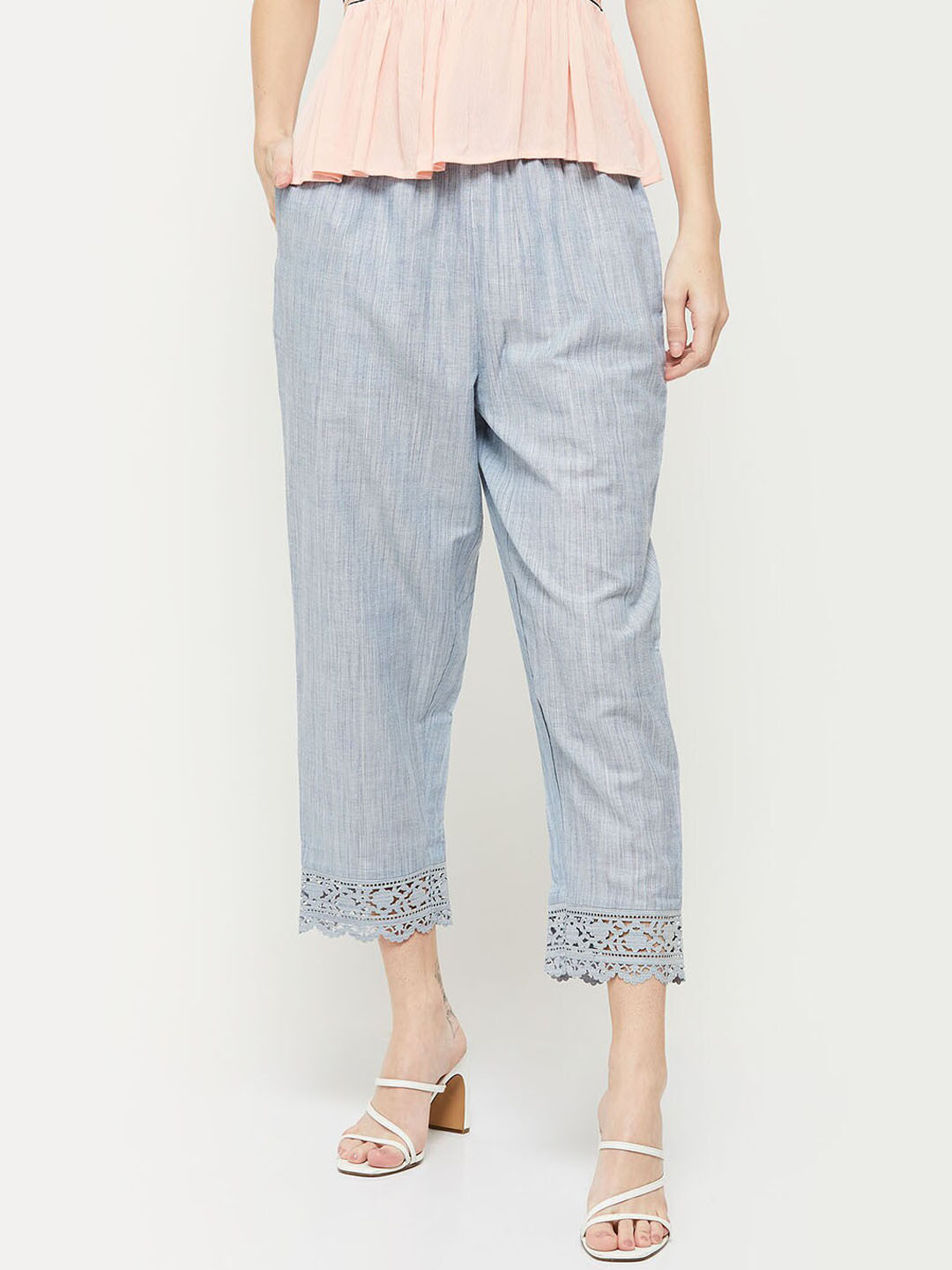 

max Self Design Textured Drawstring Trousers, Blue