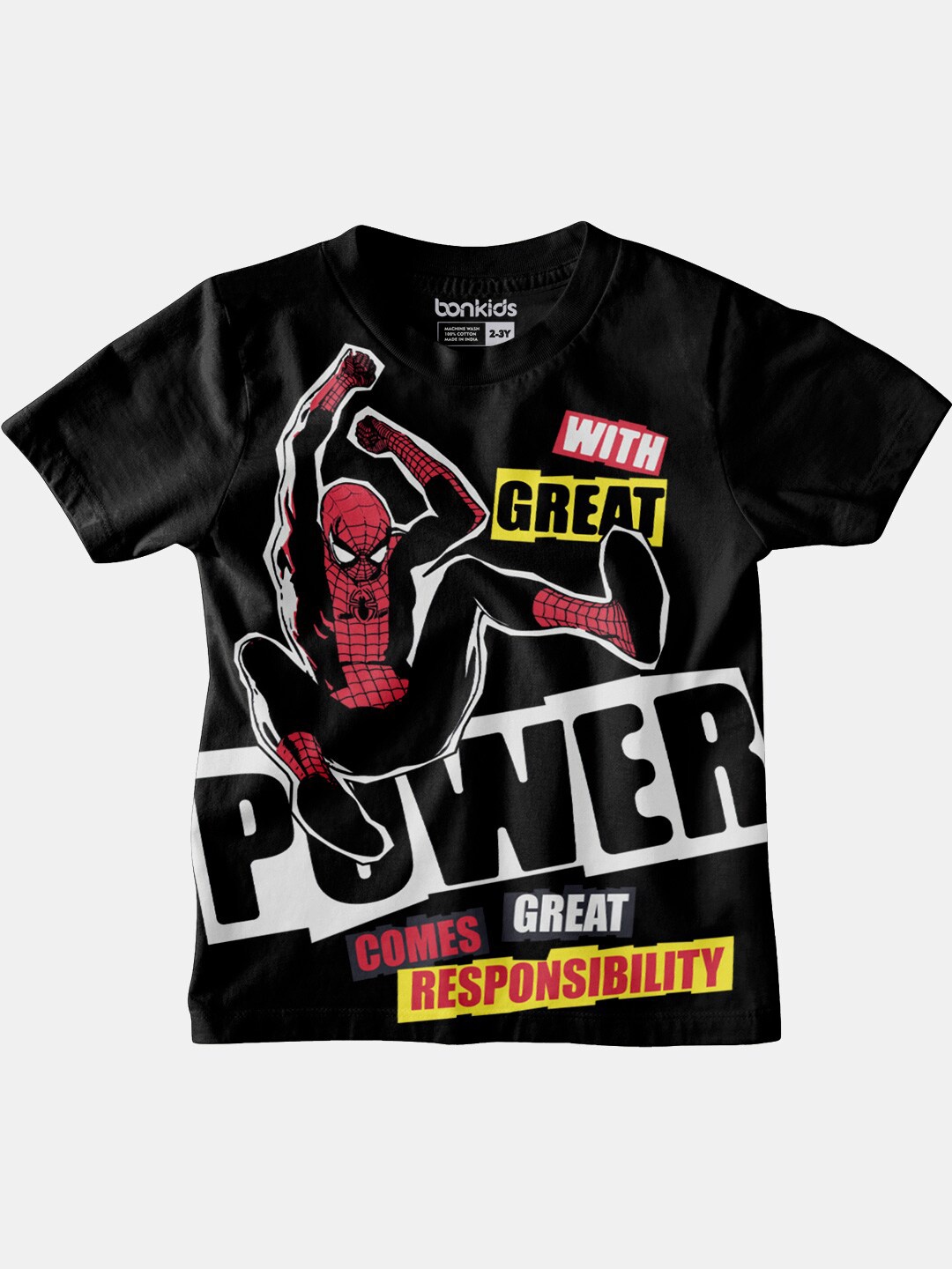 

BONKIDS Boys Black Spider-Man Printed Round Neck Cotton T-shirt