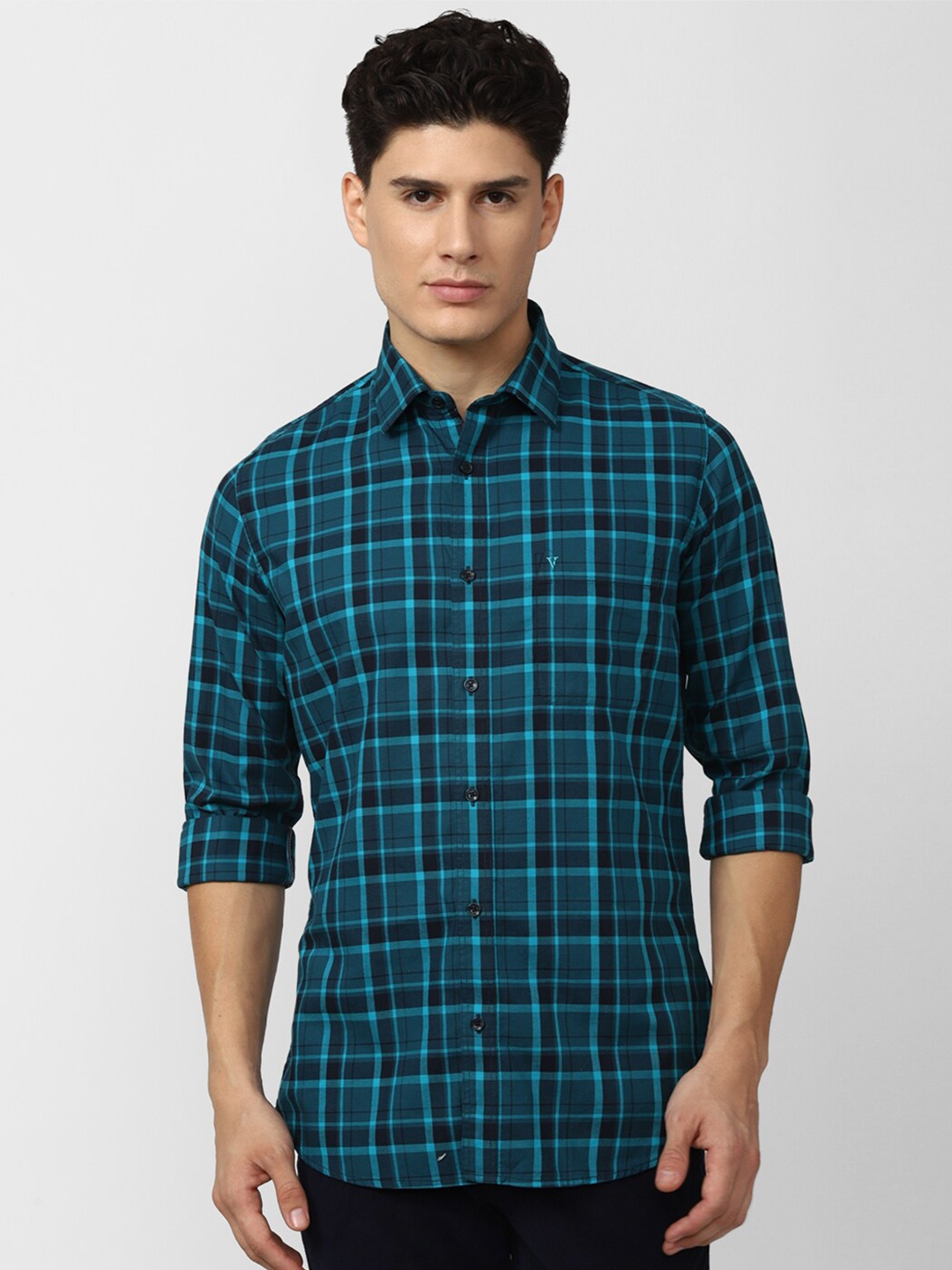 

Van Heusen Sport Men Blue Slim Fit Tartan Checks Checked Cotton Casual Shirt