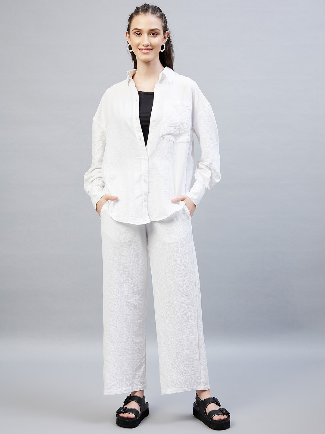 

DELAN Women White Solid Pure Cotton Shirt and Trousers