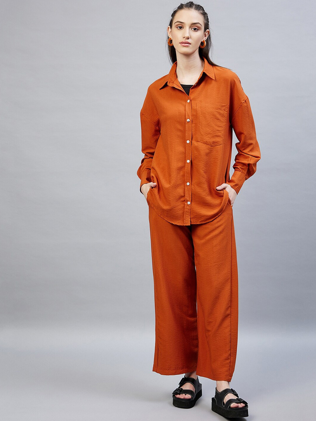 

DELAN Women Rust Solid Pure Cotton Co-Ords