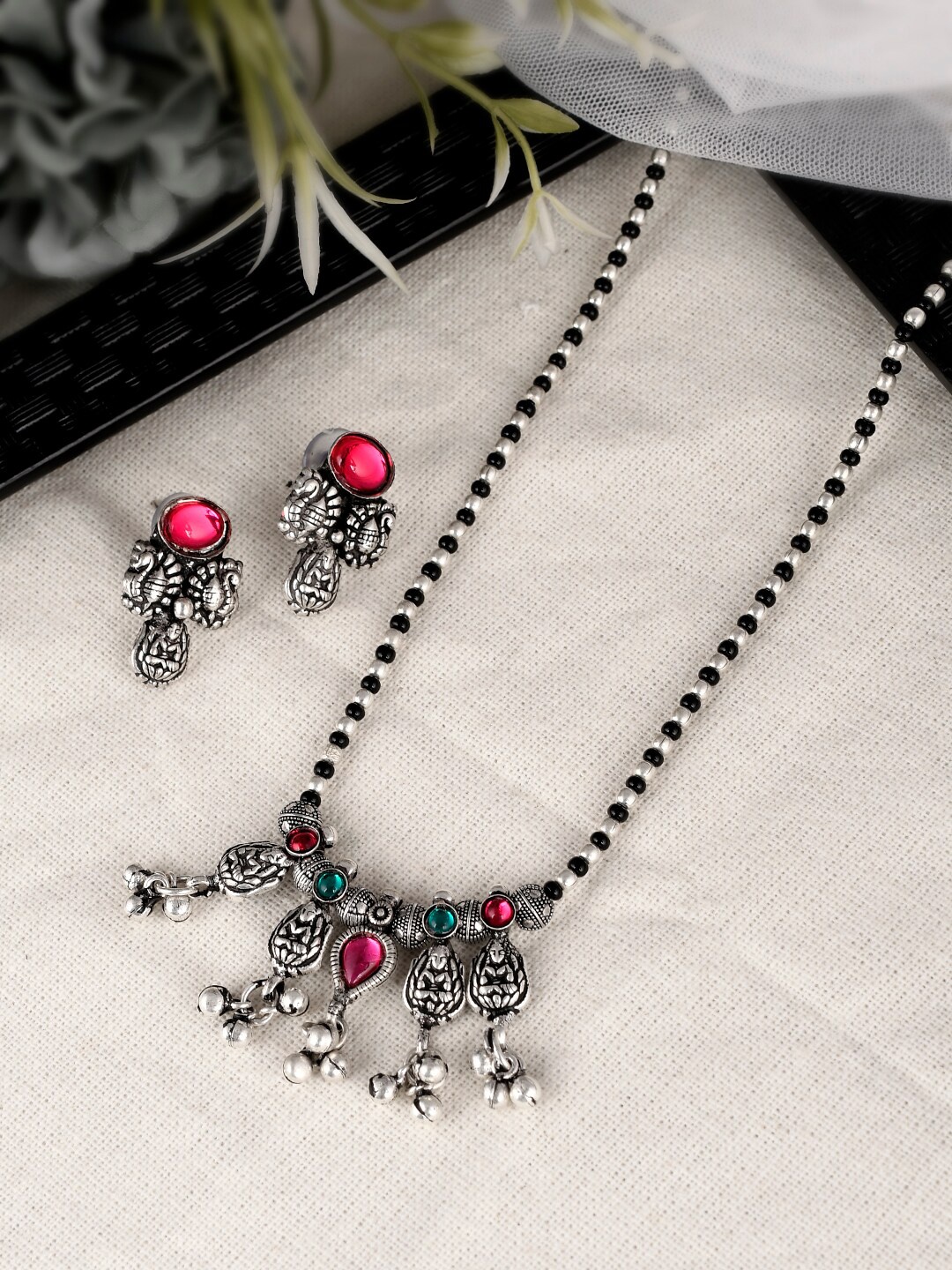 

AQUASTREET JEWELS Silver-Plated Black Beaded & Crystal-Studded Oxidised Mangalsutra with Earrings