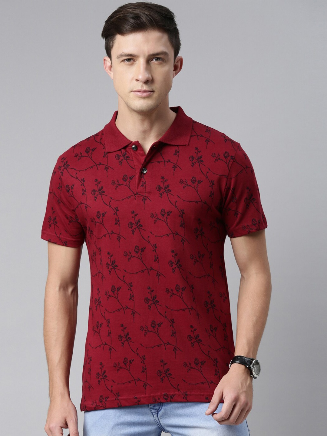 

Kryptic Men Maroon Floral Printed Polo Collar Cotton T-shirt