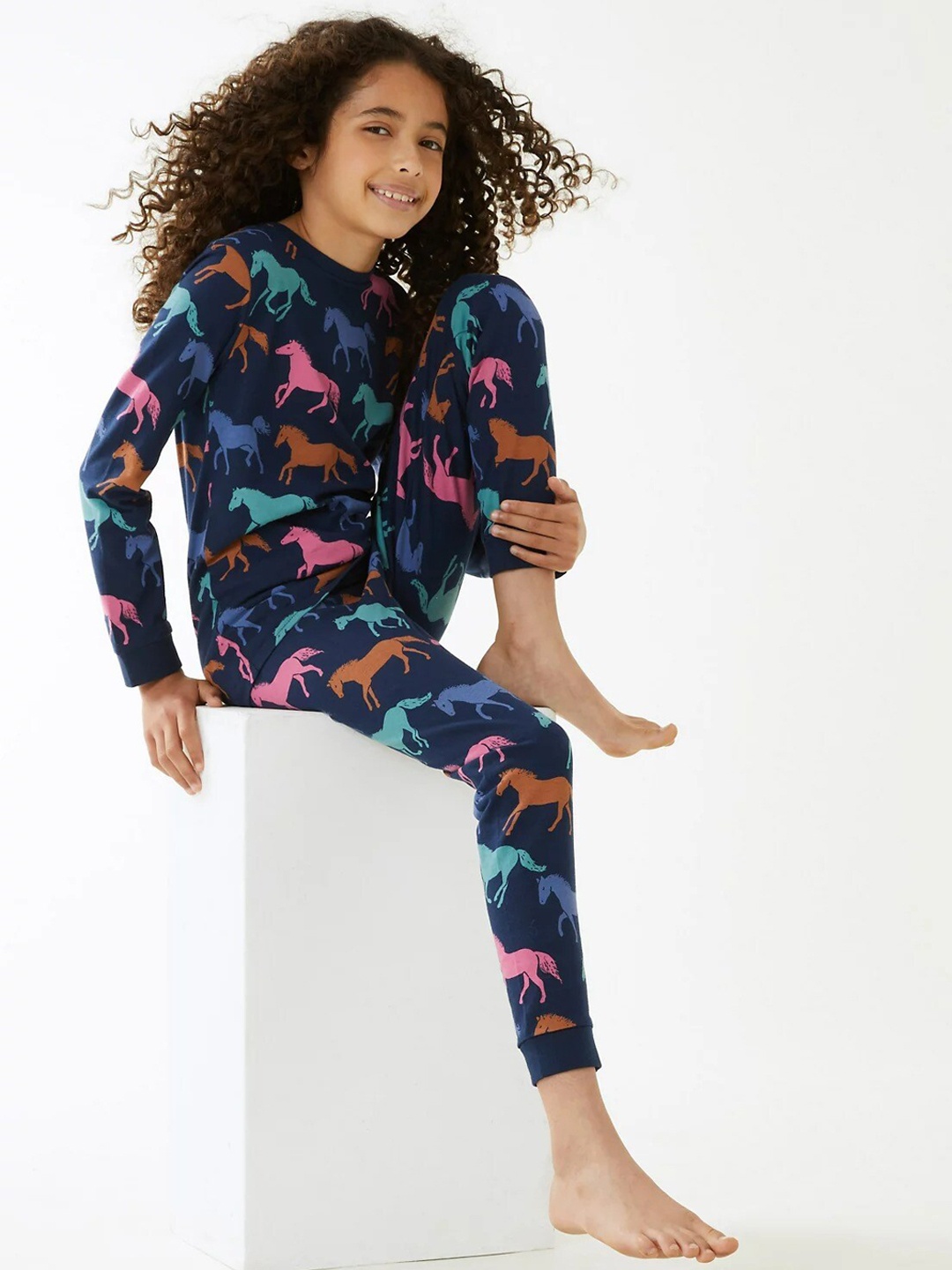 

Marks & Spencer Girls Navy Blue & Pink Printed Night suit
