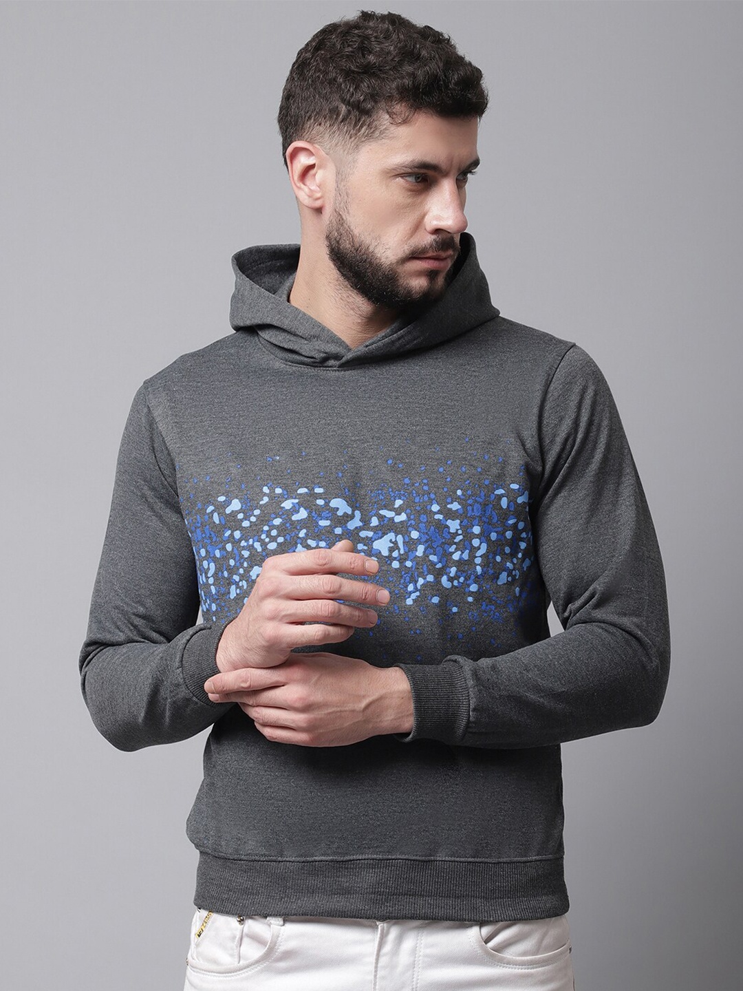 

Obaan Men Grey Printed Hooded Sweatshirt