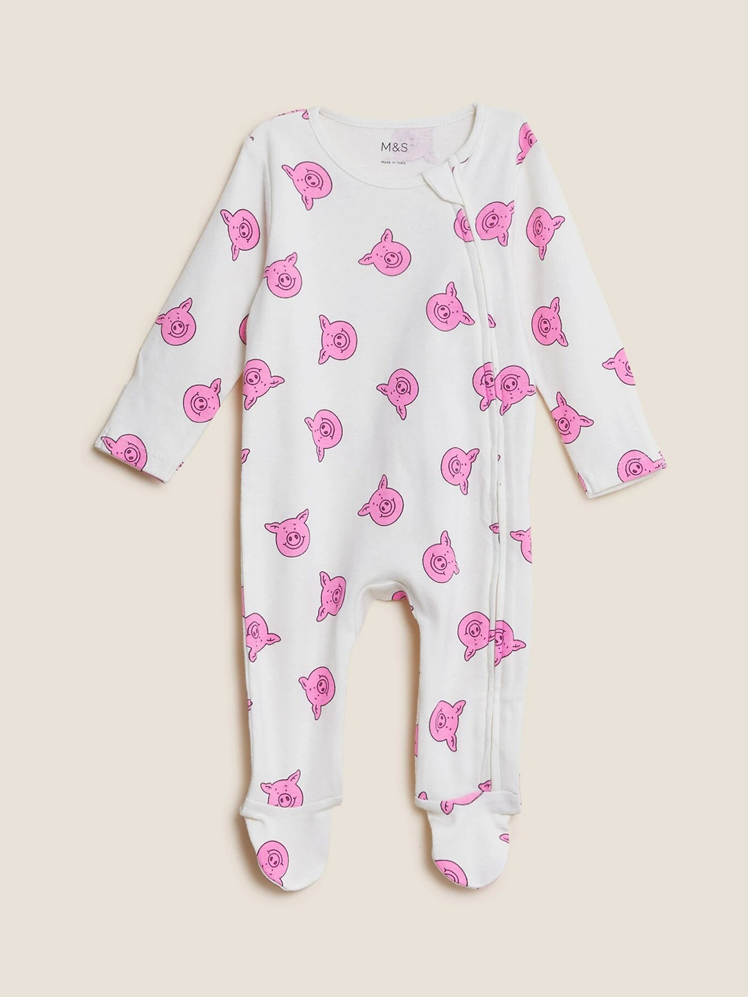 

Marks & Spencer Infant Kids White & Pink Printed Pure Cotton Sleepsuit