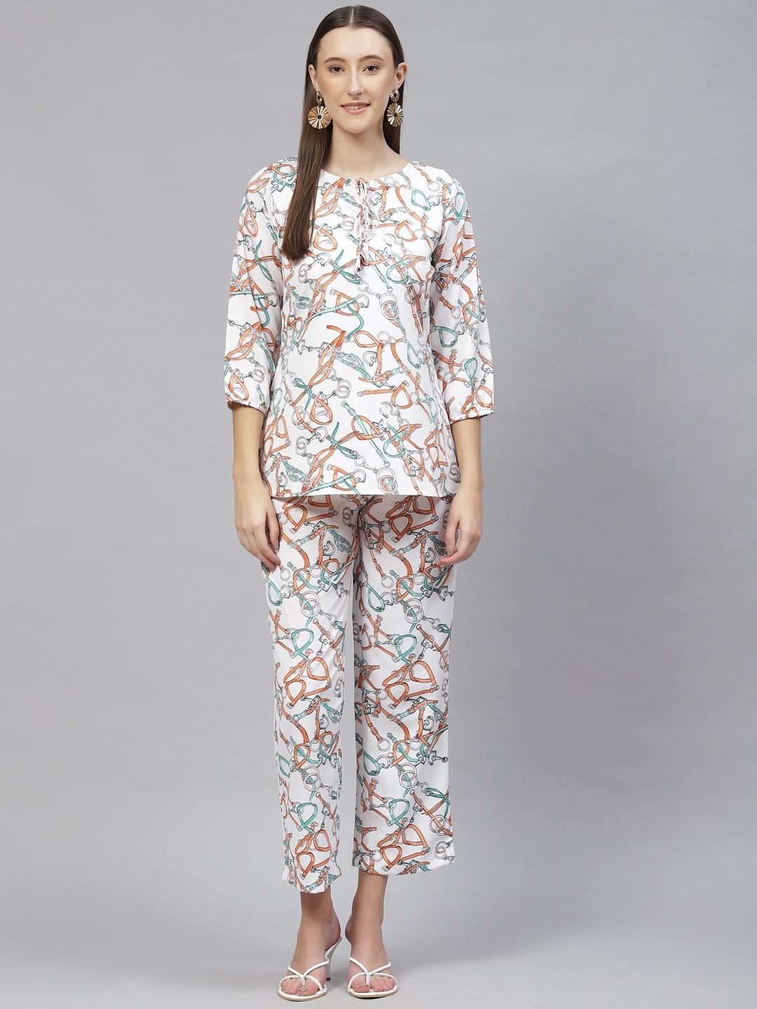 

Cottinfab Women Printed Top with Trousers, White