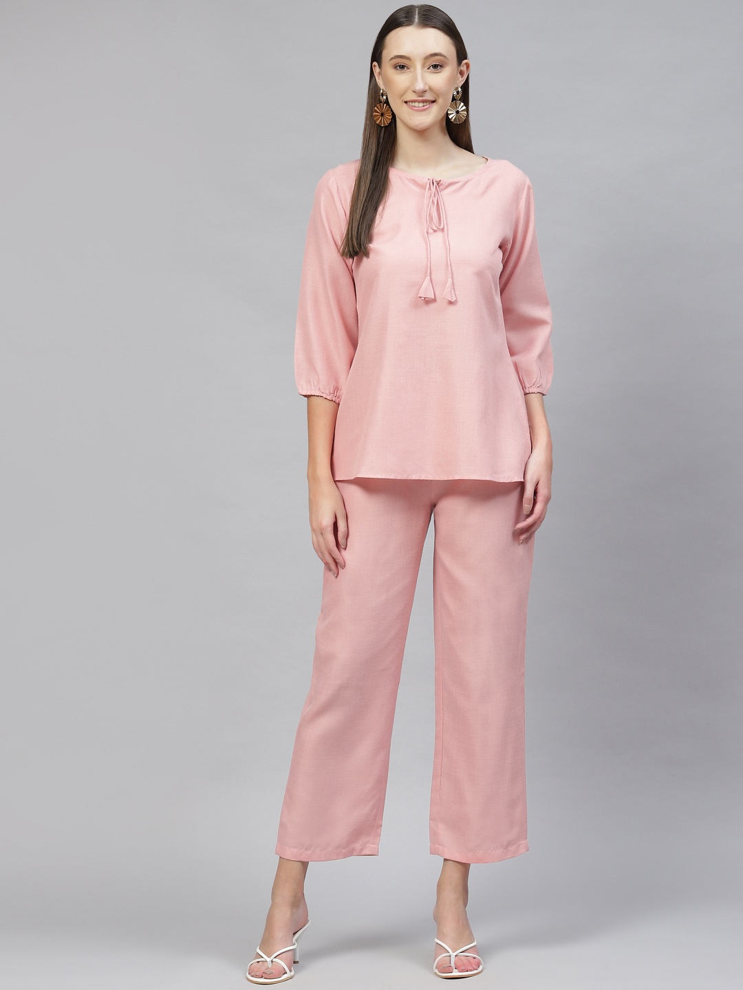 

Cottinfab Women Solid Pure Cotton Top With Trousers, Pink