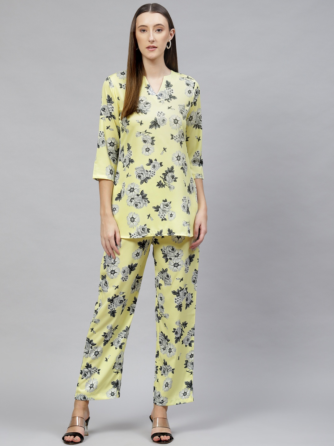 

Cottinfab Women Floral Printed Top With Palazzos, Yellow