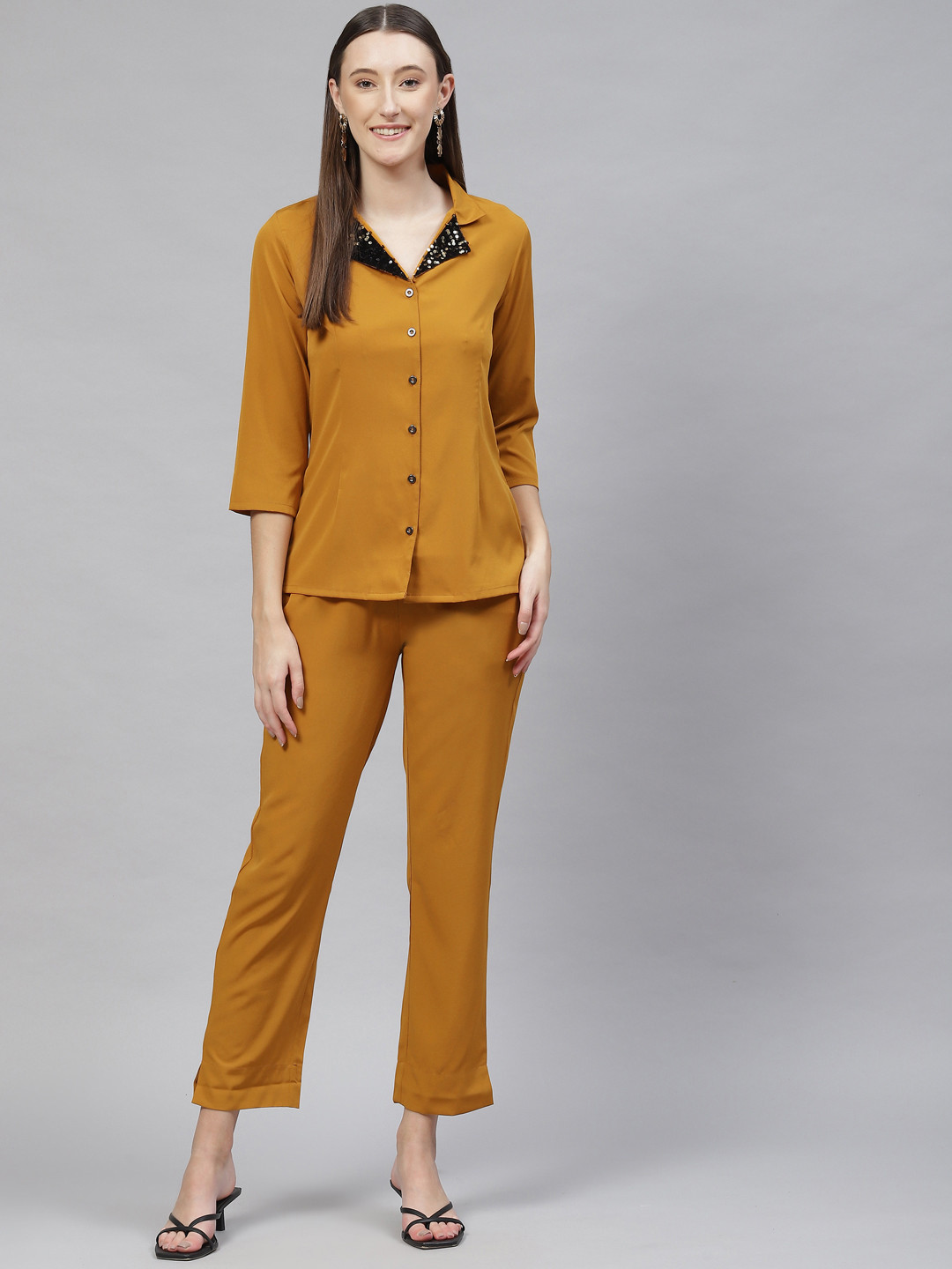 

Cottinfab Women Sequined Shirt With Trousers, Mustard