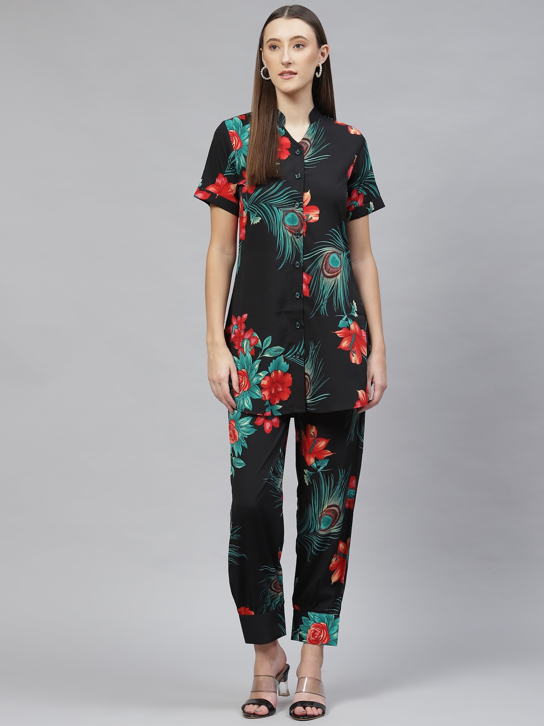 

Cottinfab Women Printed Shirt With Trousers, Black