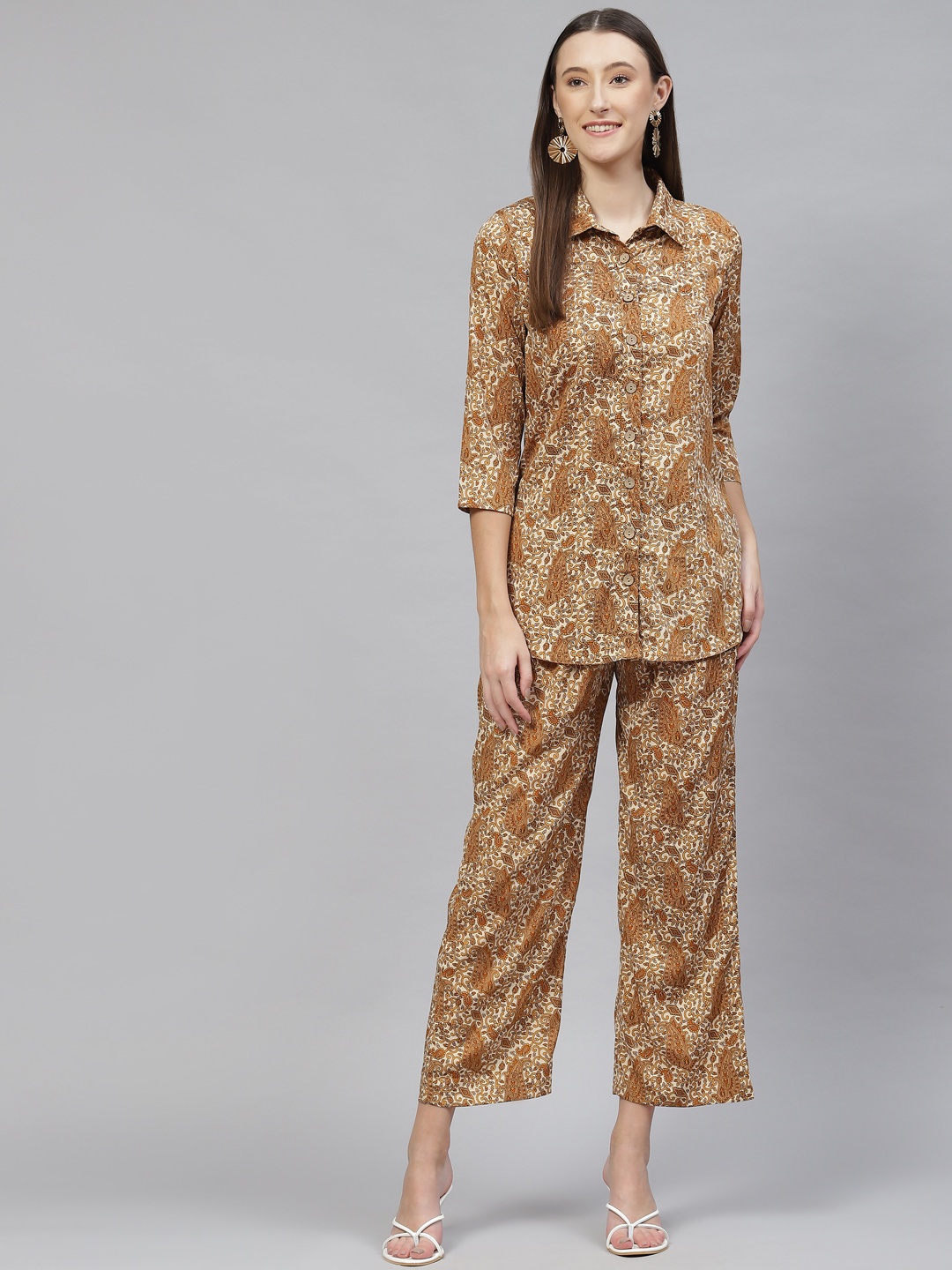 

Cottinfab Women Printed Shirt With Trousers, Mustard