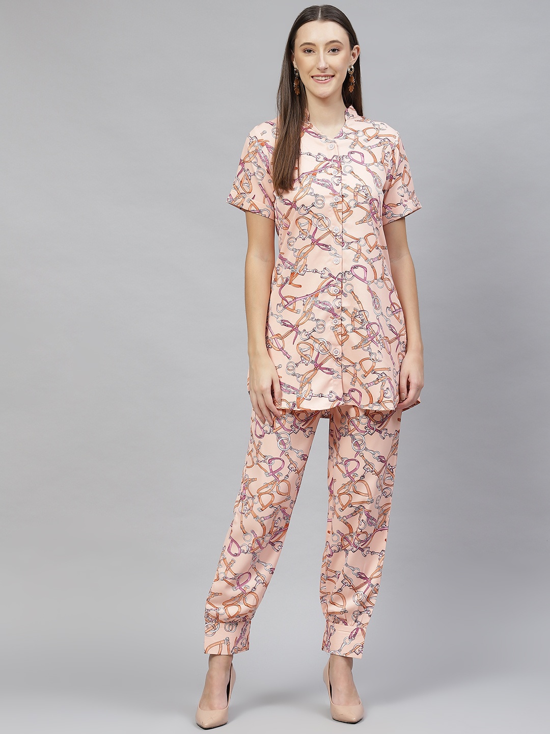 

Cottinfab Women Printed Shirt With Trousers, Peach