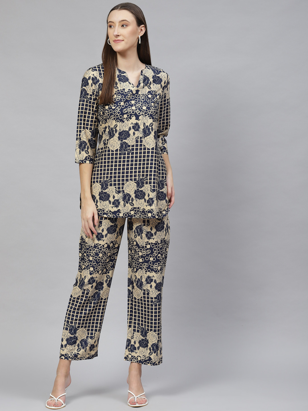

Cottinfab Women Printed Top With Palazzos, Navy blue