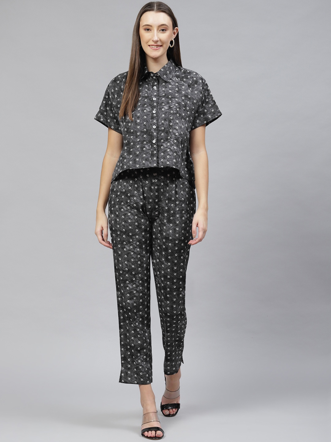 

Cottinfab Women Printed Shirt With Trousers, Black