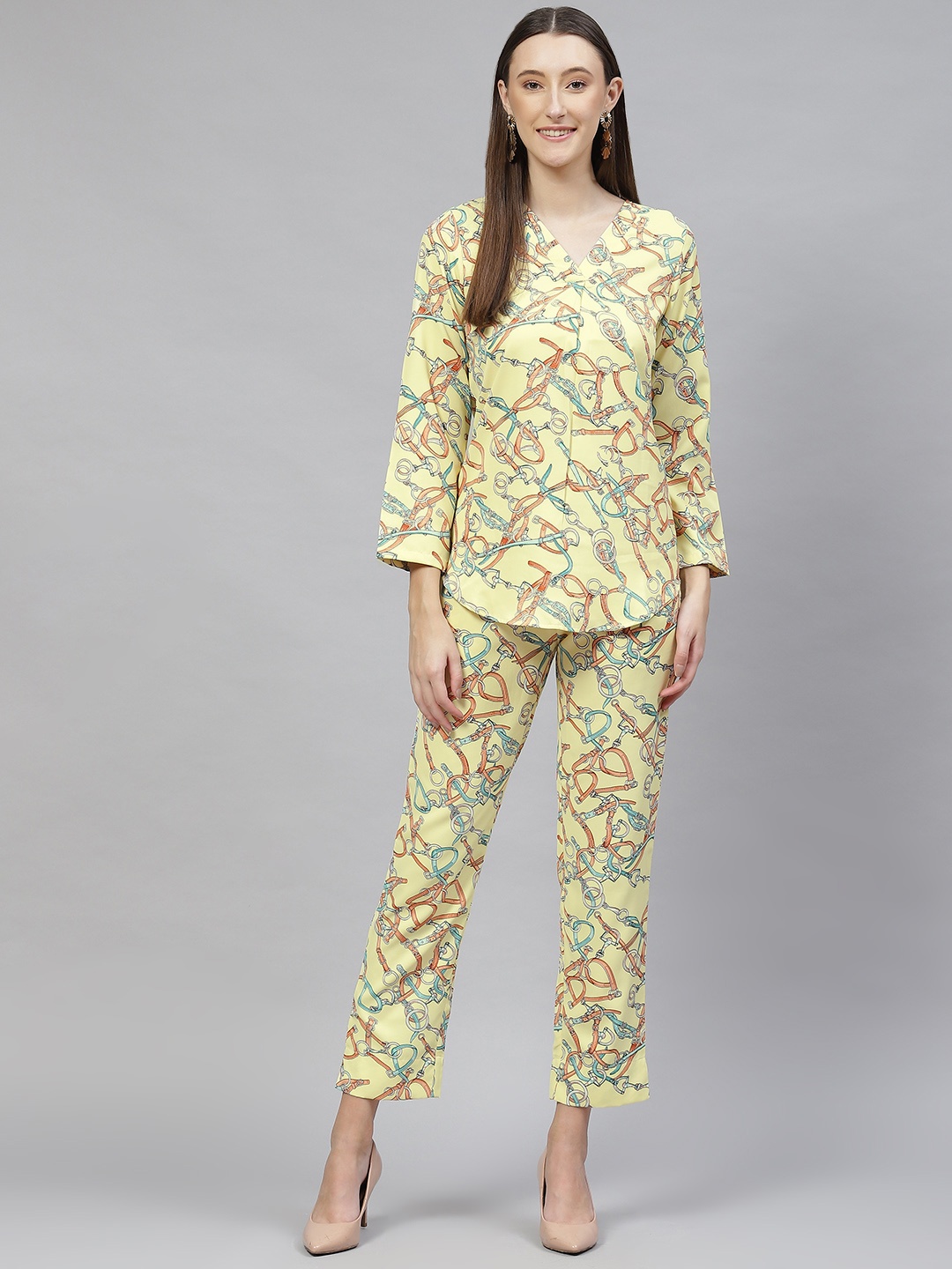 

Cottinfab Printed V-Neck Co-Ords, Yellow