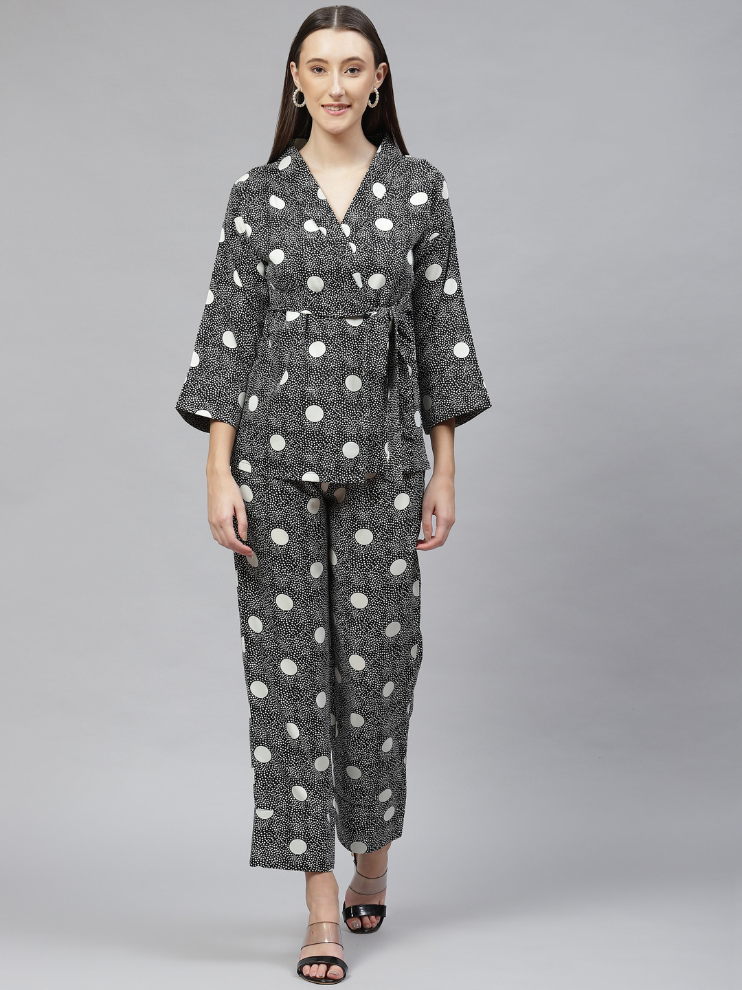 

Cottinfab Polka Dots Print Wrap Detail Co-Ords, Black