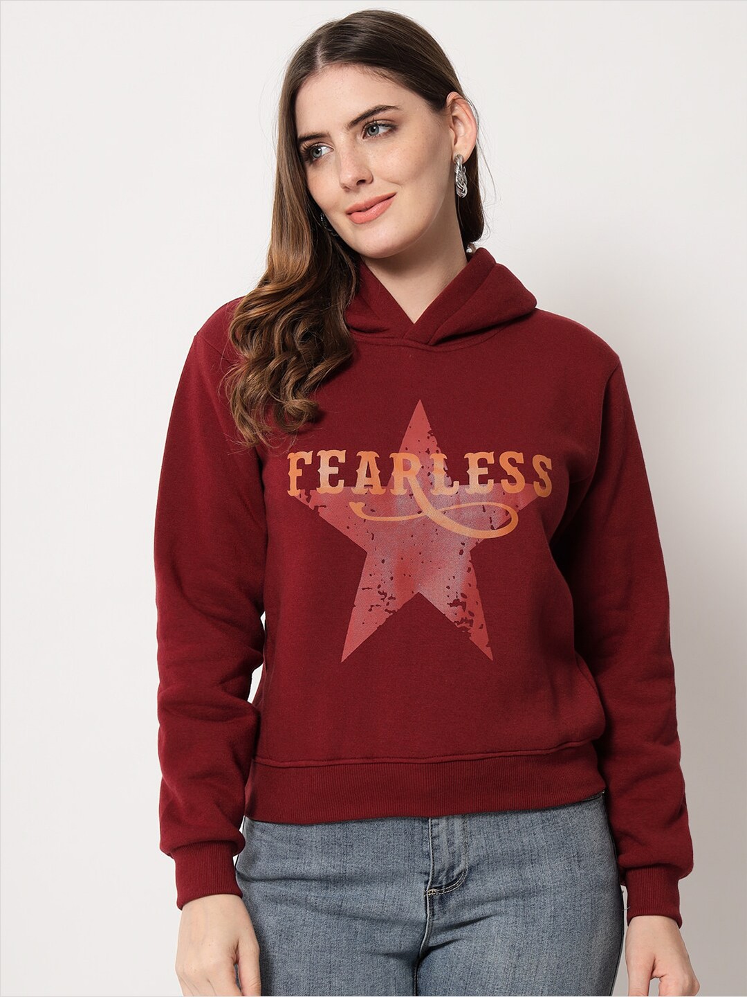 

Viral trend Women Plus Size Maroon Printed Hooded Sweatshirt