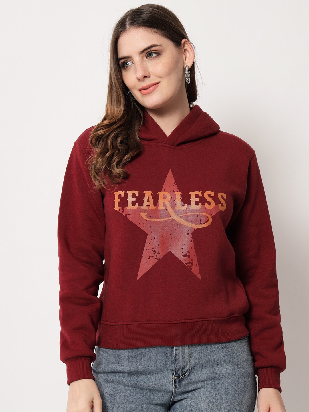 

Viral trend Women Maroon Printed Hooded Cotton Sweatshirt