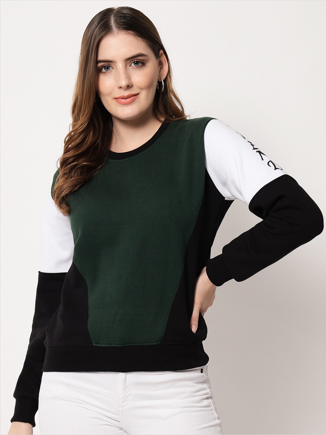 

Viral trend Women Olive Green Colourblocked Cotton Sweatshirt