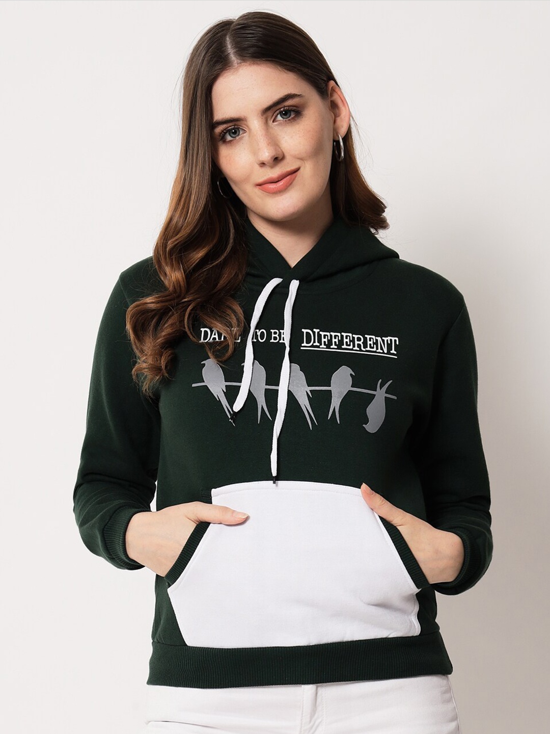 

Viral trend Women Olive Green Printed Hooded Sweatshirt