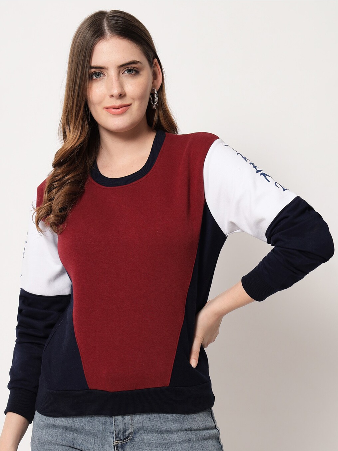 

Viral trend Women Maroon Colourblocked Cotton Sweatshirt