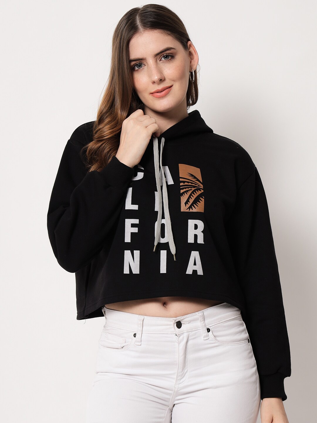 

Viral trend Women Black Printed Hooded Crop Cotton Sweatshirt