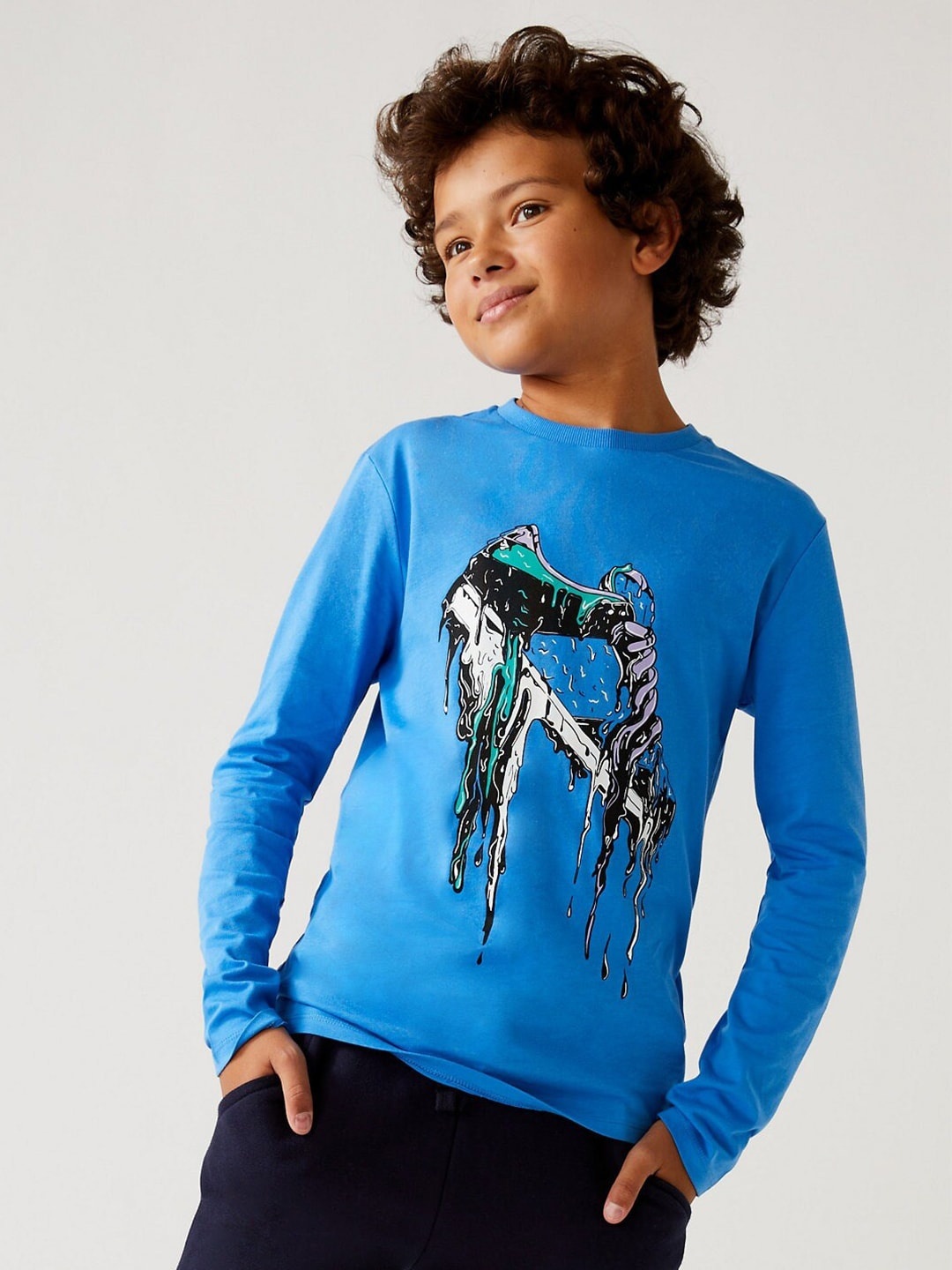 

Marks & Spencer Boys Blue Graphic Printed Round Neck CottonT-shirt