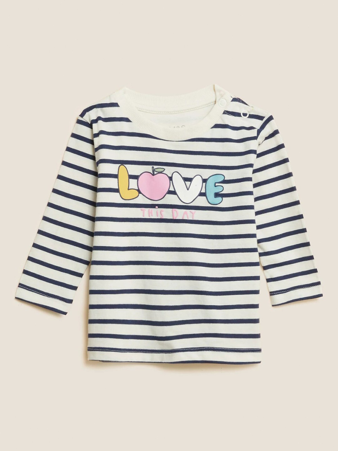 

Marks & Spencer Girls Black & Off White Striped Printed Round Neck Cotton T-shirt