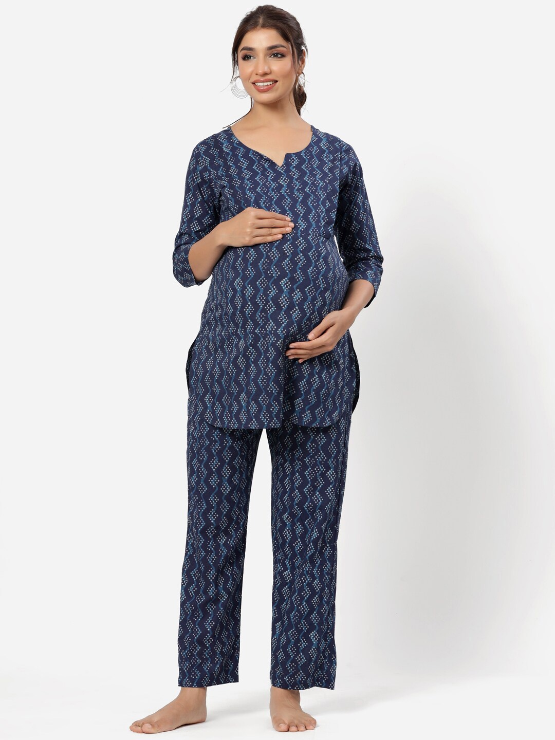 

CRAFIQA Women Blue Printed Pure Cotton Maternity & Nursing Night Suit