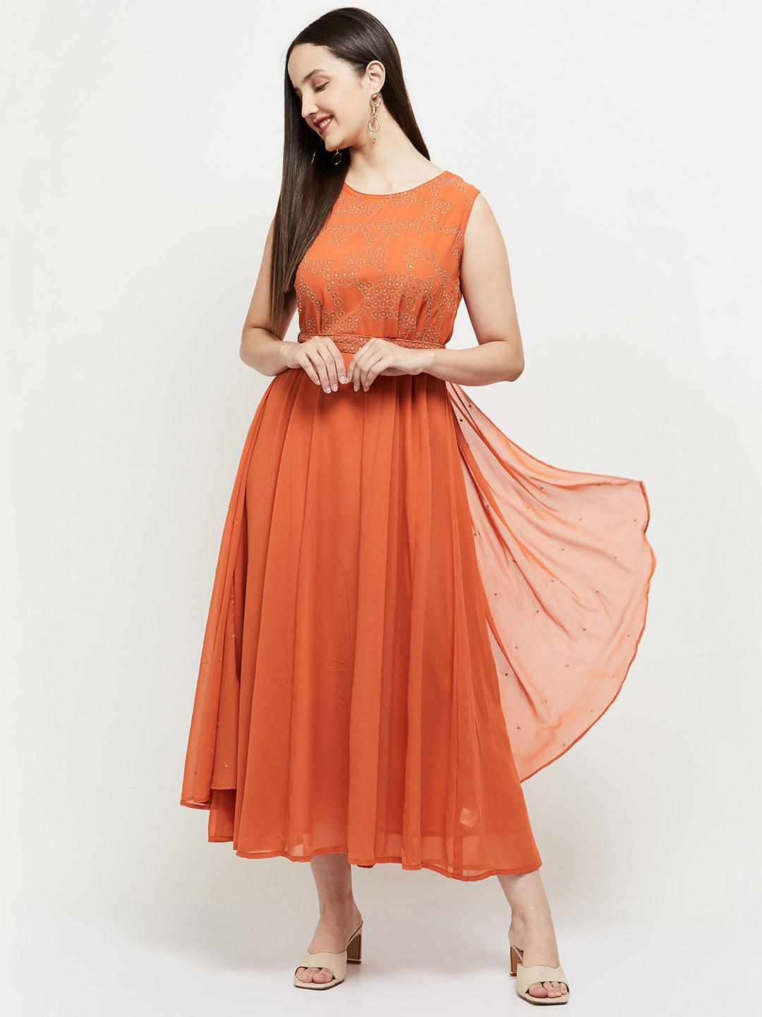 

max Women Rust Embroidered Ethnic Dresses