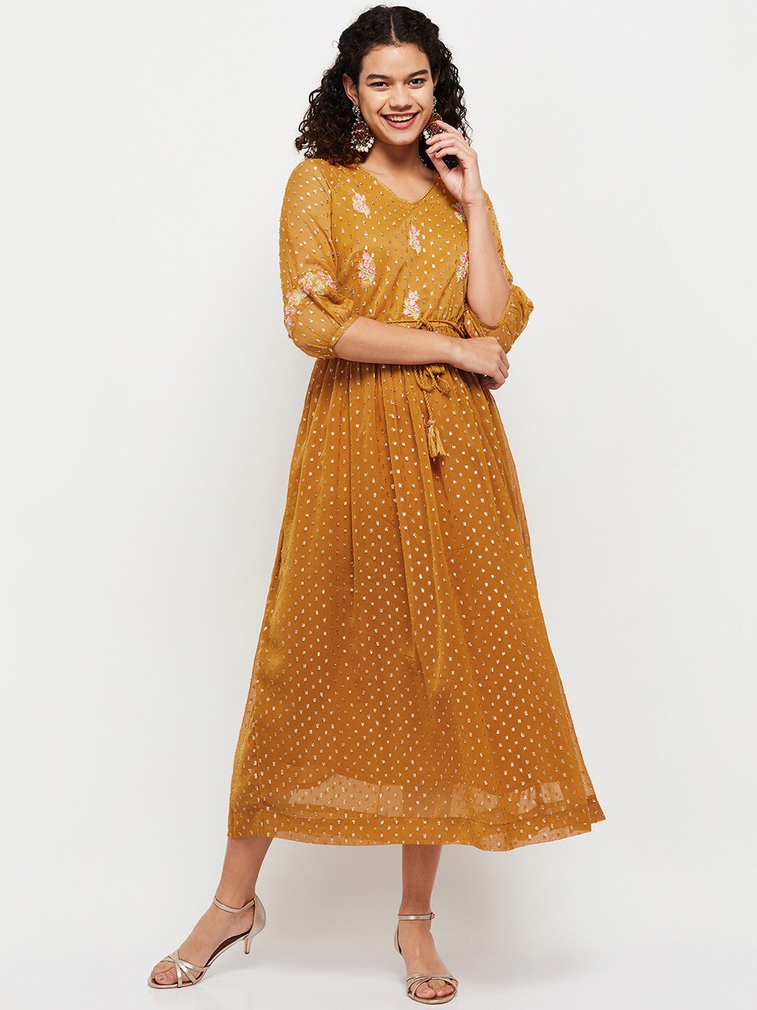 

max Women Mustard Yellow Embroidered Maxi Ethnic Dress