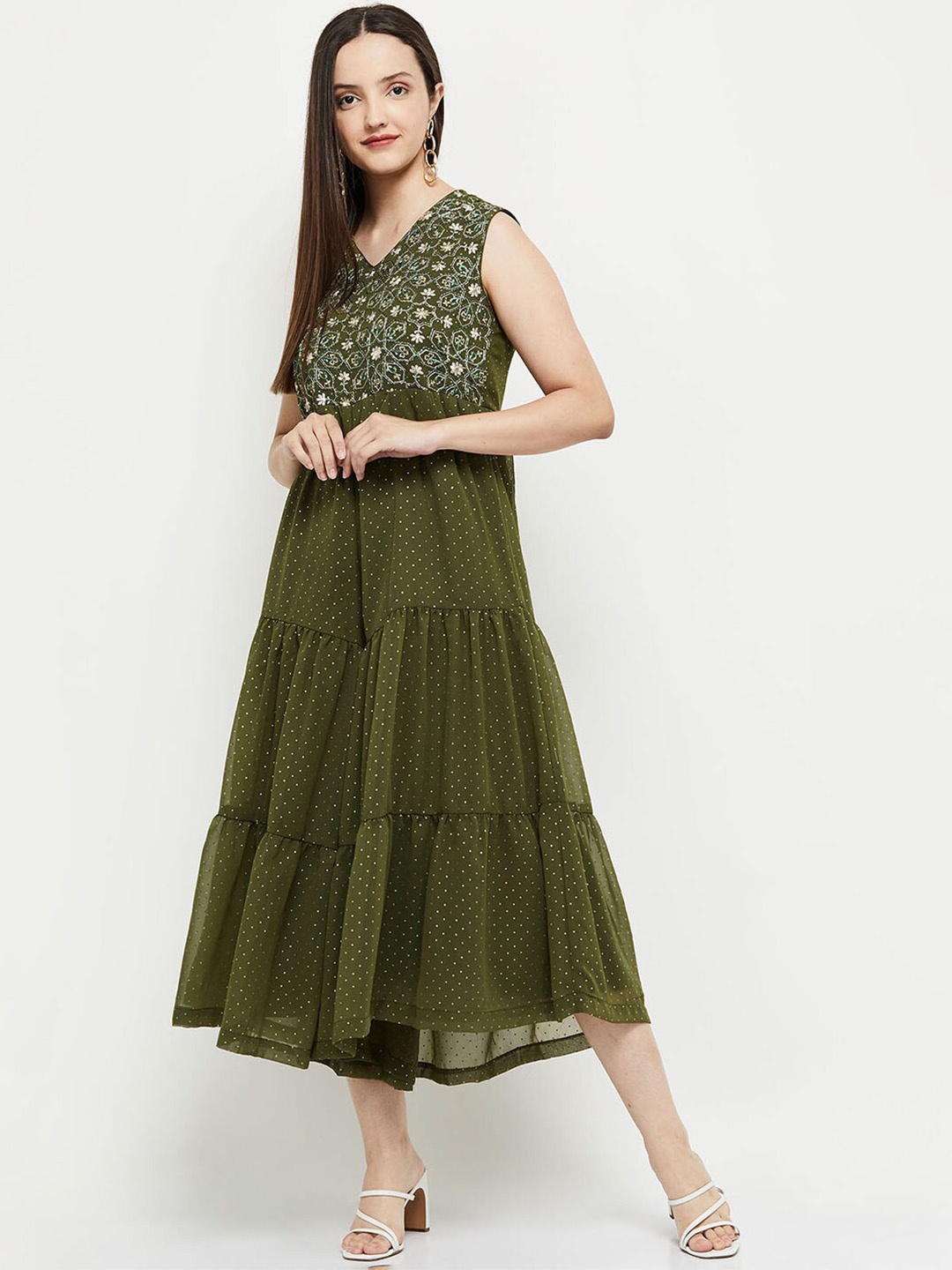 

max Women Green Embroidered Ethnic Dress