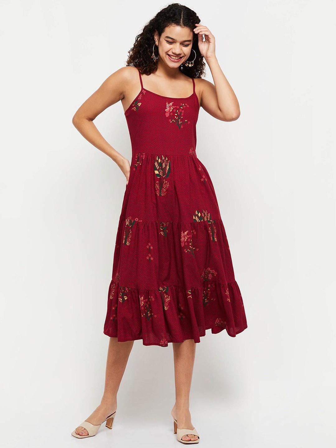 

max Women Maroon & Green Printed Ethnic Dress