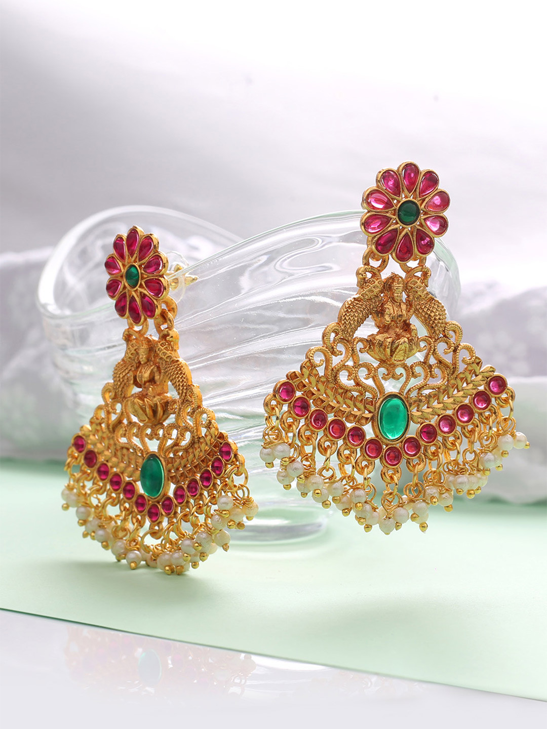 

MAD CLUB Women Gold Plated Gold-Toned Pink & Green Oval Drop Earrings
