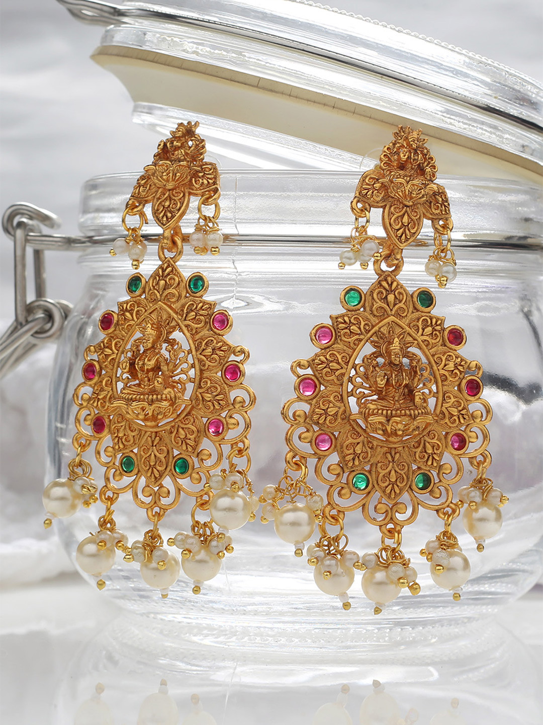 

MAD CLUB Women Gold Plated Gold-Toned Pink & Green Oval Drop Earrings
