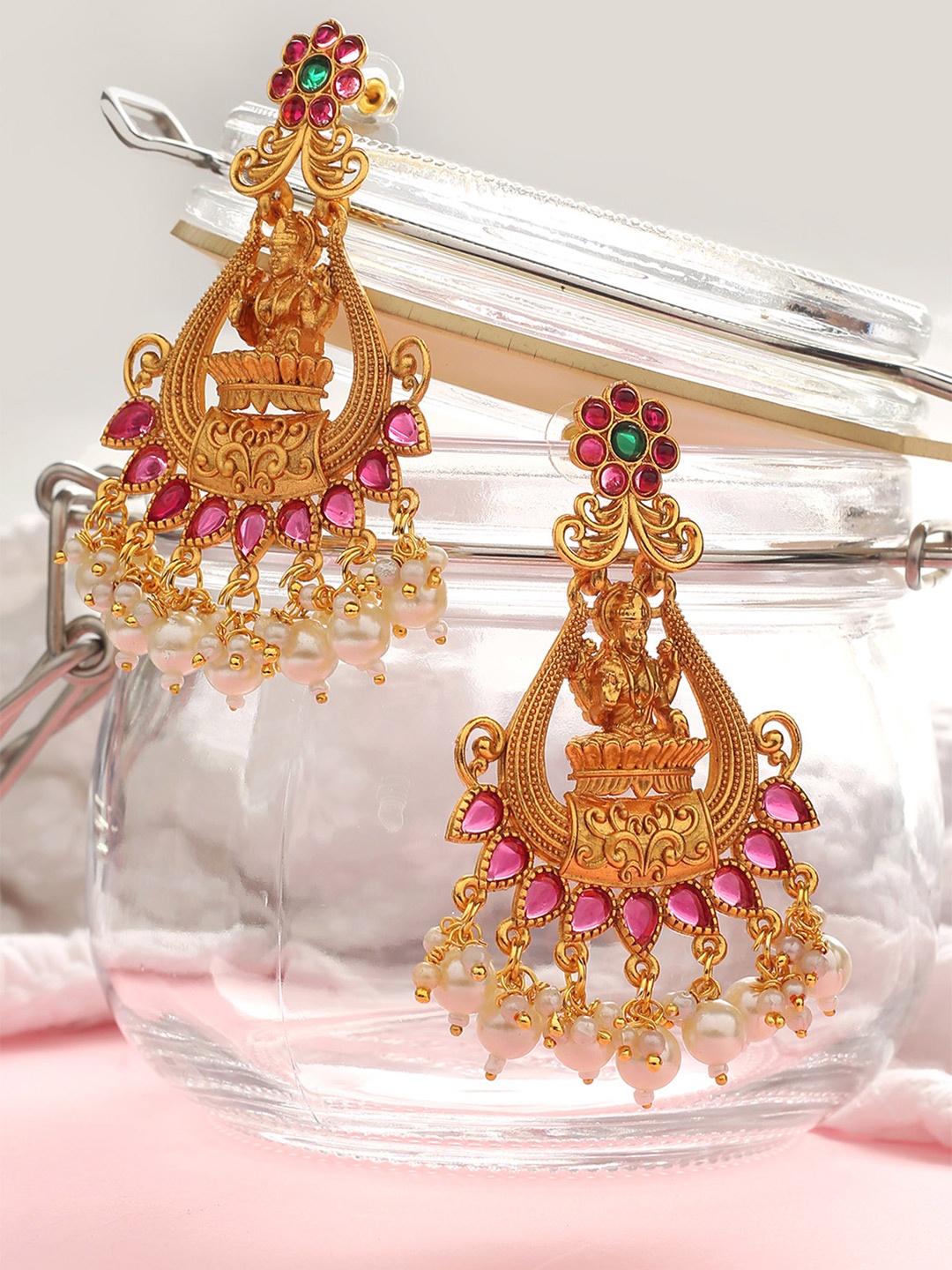 

MAD CLUB Women Gold Plated Gold-Toned Pink & Green Oval Drop Earrings