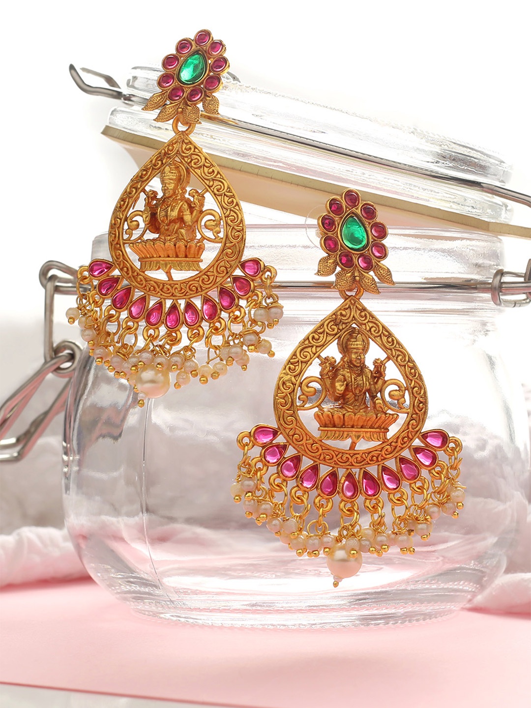

MAD CLUB Women Gold Plated Gold-Toned Pink & Green Oval Drop Earrings