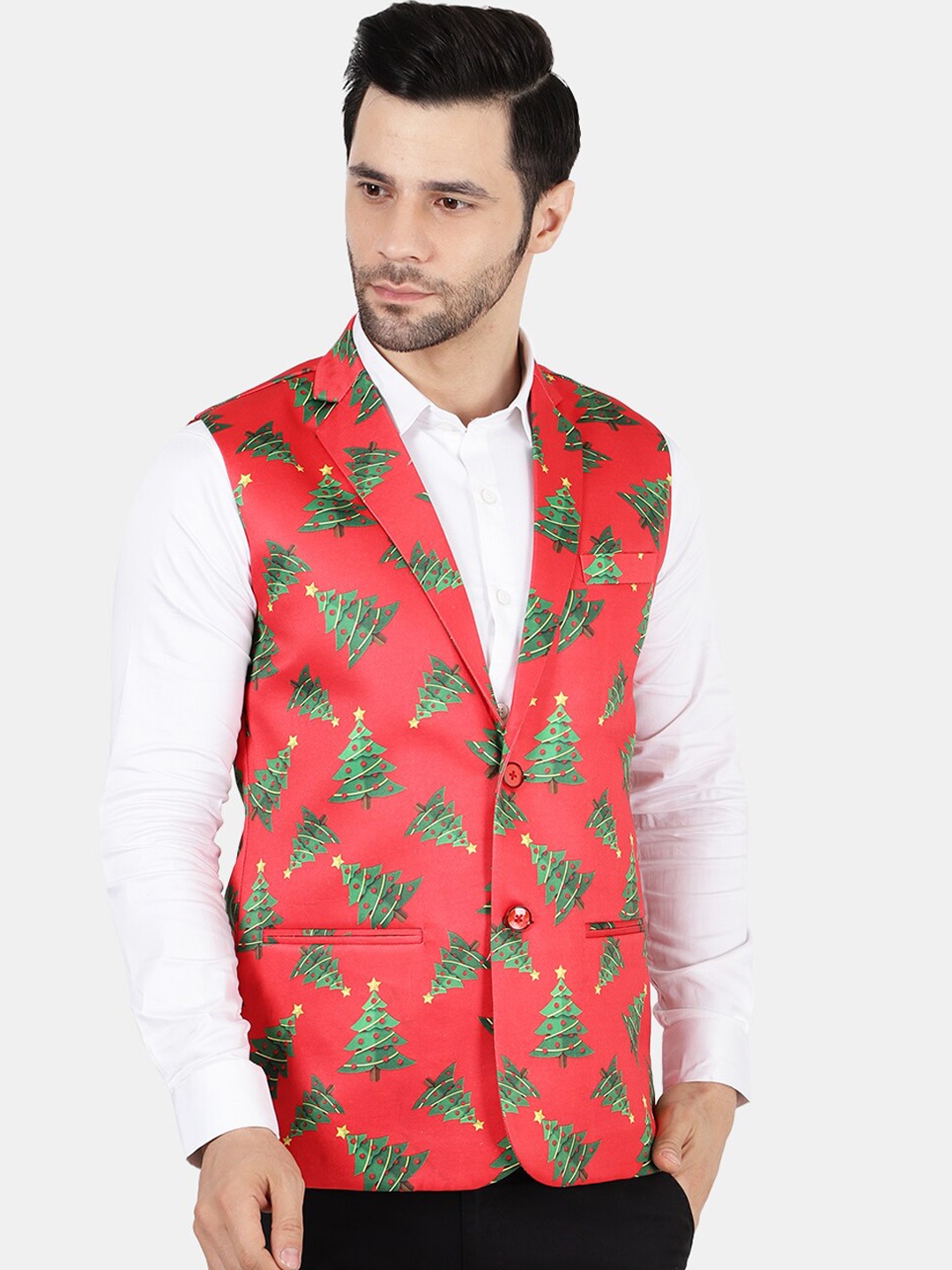 

Wintage Men Red Christmas Tree Printed Waistcoat