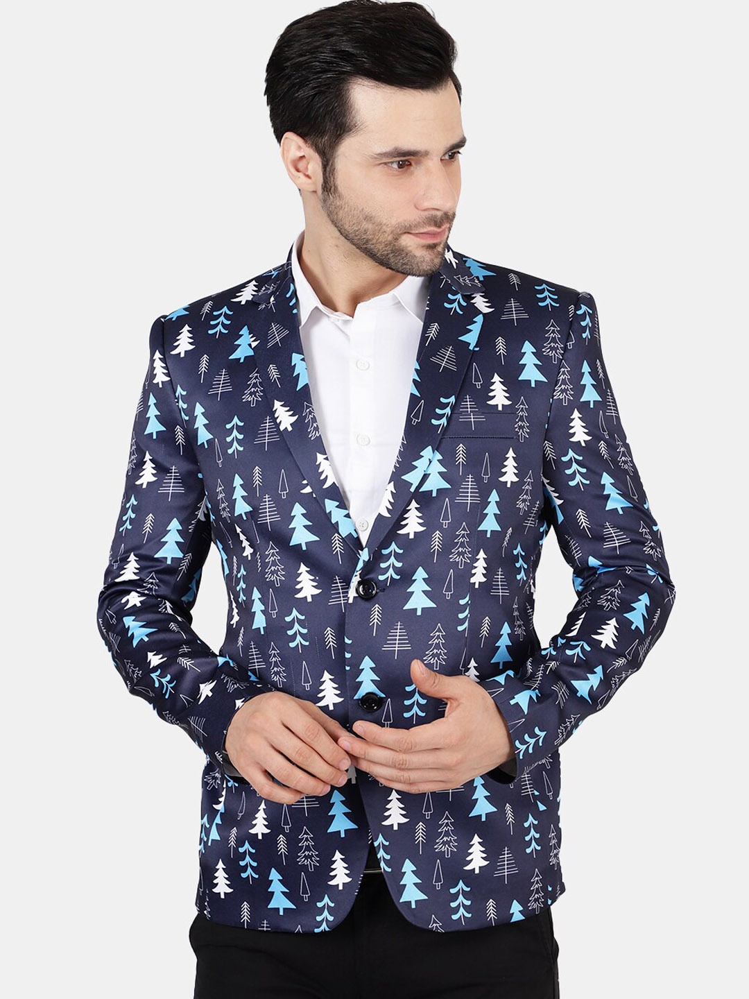 

Wintage Men Blue & White Conversational Printed Blazer