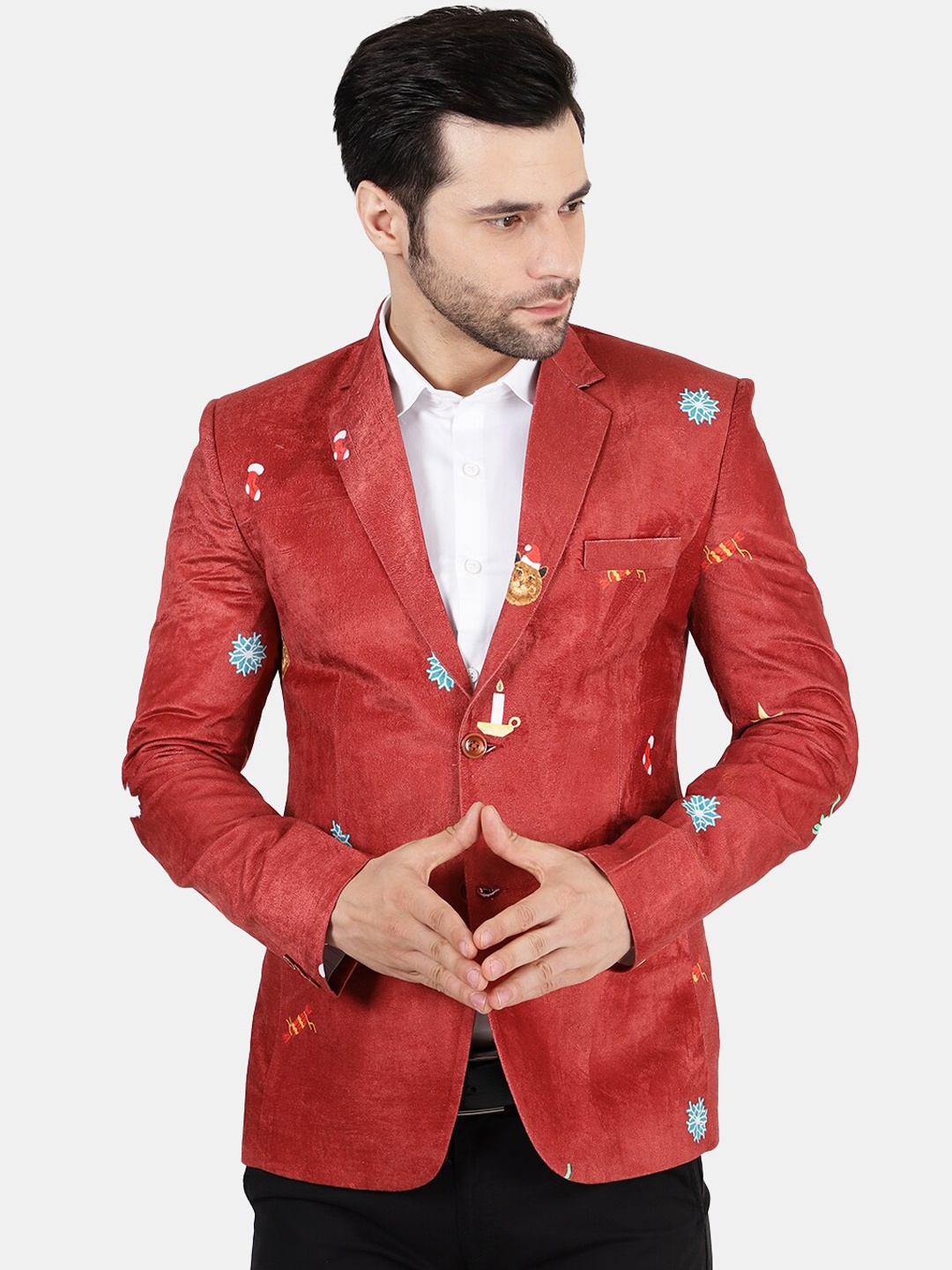

Wintage Men Red Printed Regular-Fit Single-Breasted Blazer