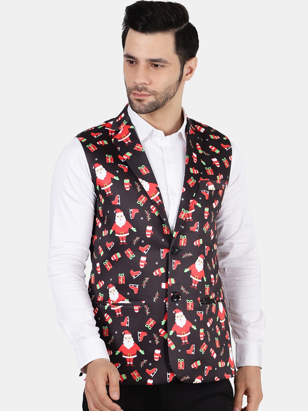 

Wintage Men Black & Red Conversational Printed Nehru Jacket