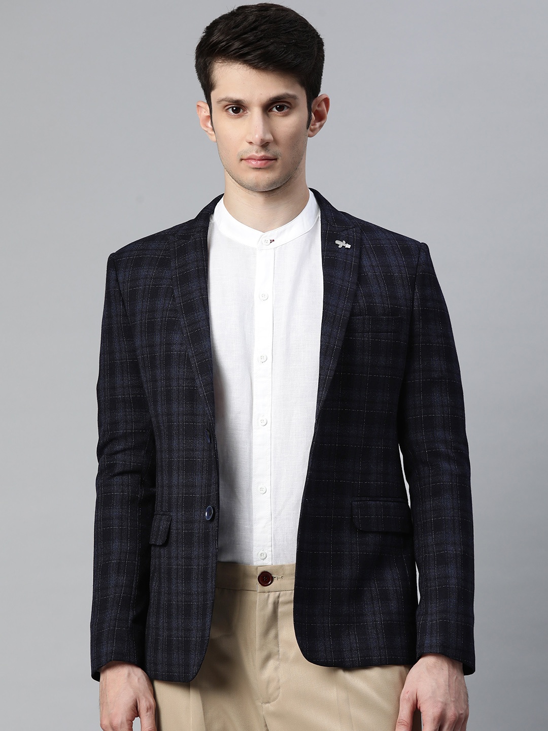 

ESSAS club Men Navy Blue Checked Formal Double-Breasted Regular Fit Blazer