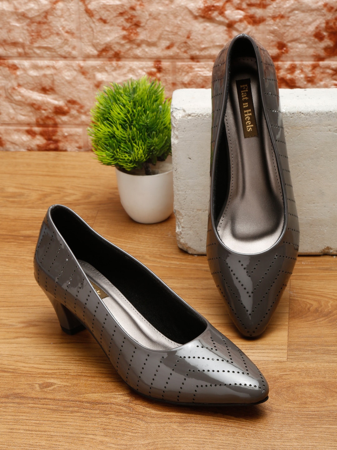 

Flat n Heels Grey Textured Kitten Pumps with Laser Cuts