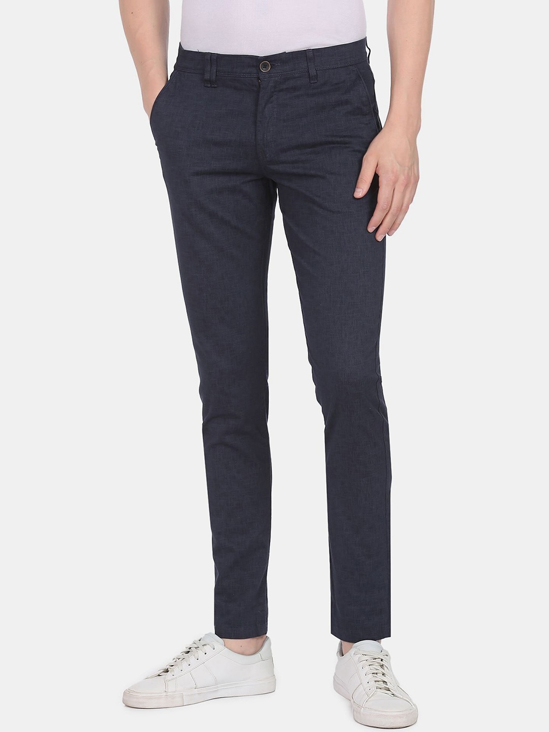 

AD By Arvind Men Blue Textured Slim Fit Chinos Trousers