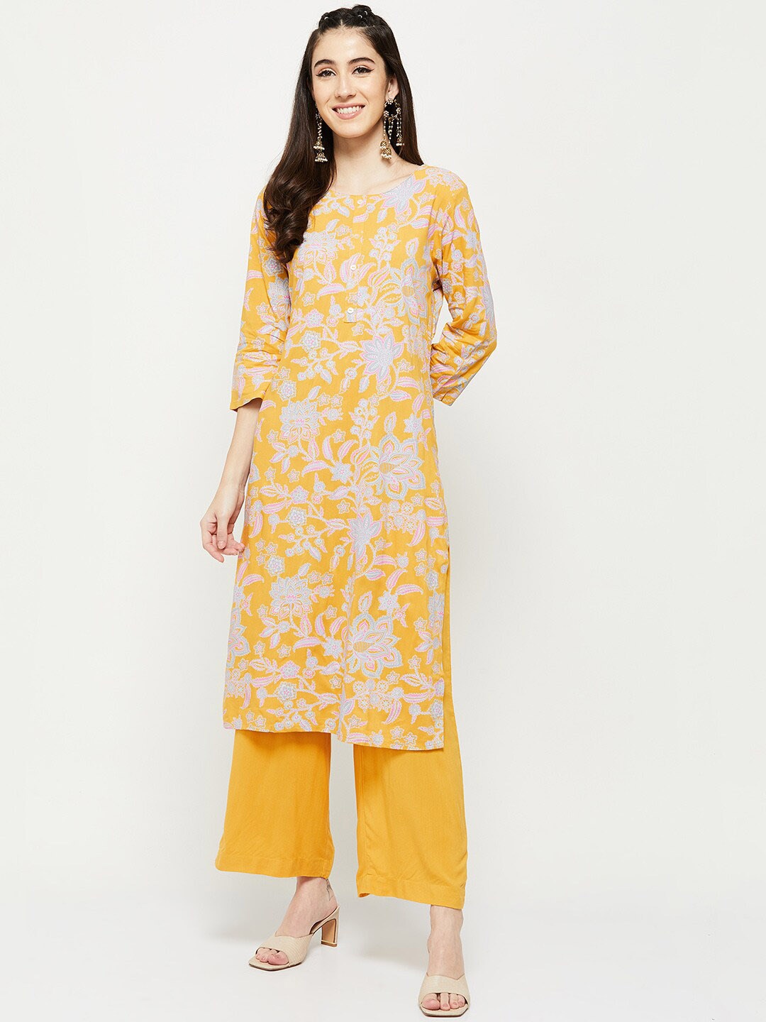 

max Women Yellow Floral Printed Kurta with Trousers