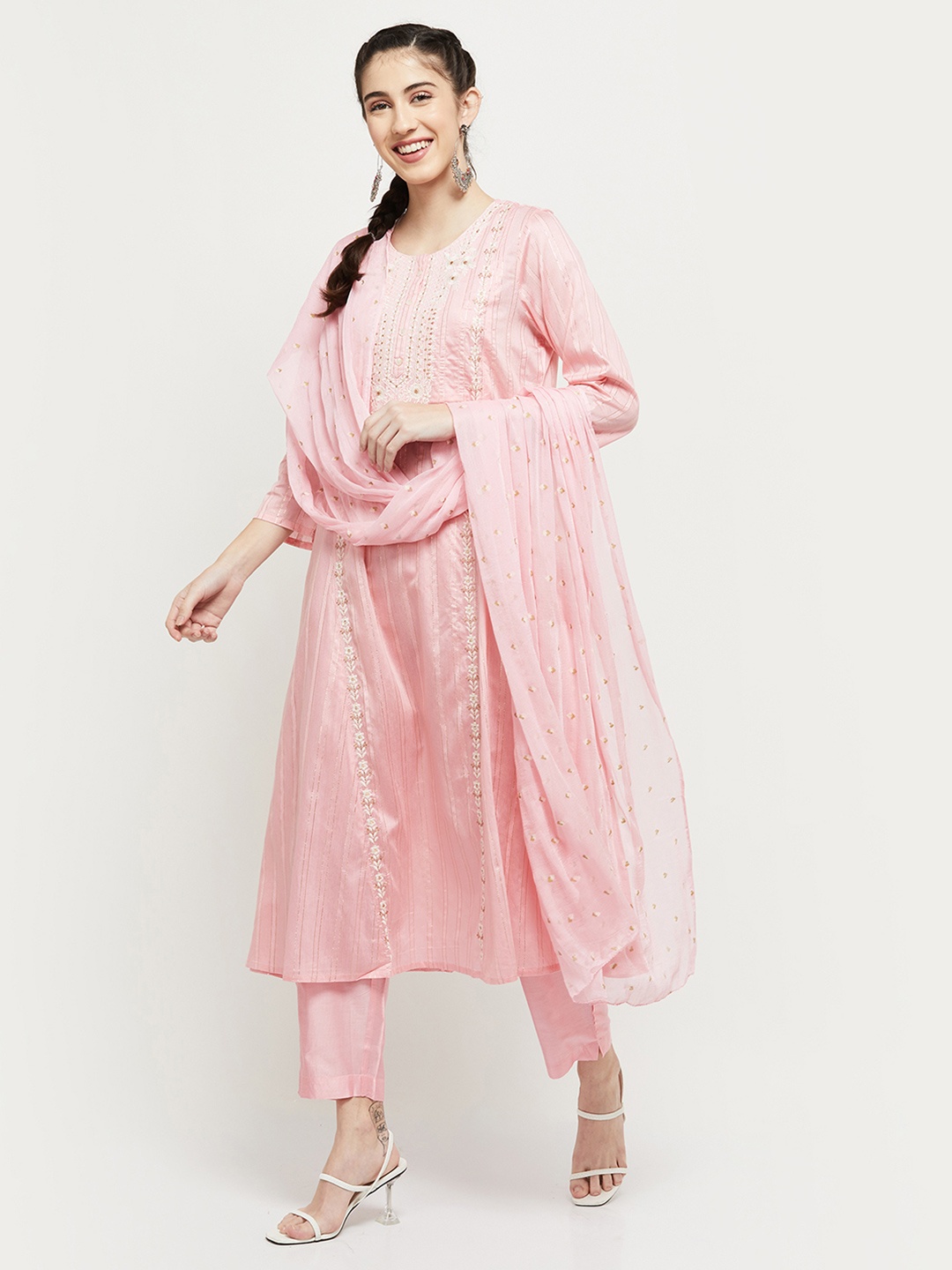 

max Women Pink Floral Embroidered Thread Work Pure Cotton Kurta with Trousers & With Dupatta